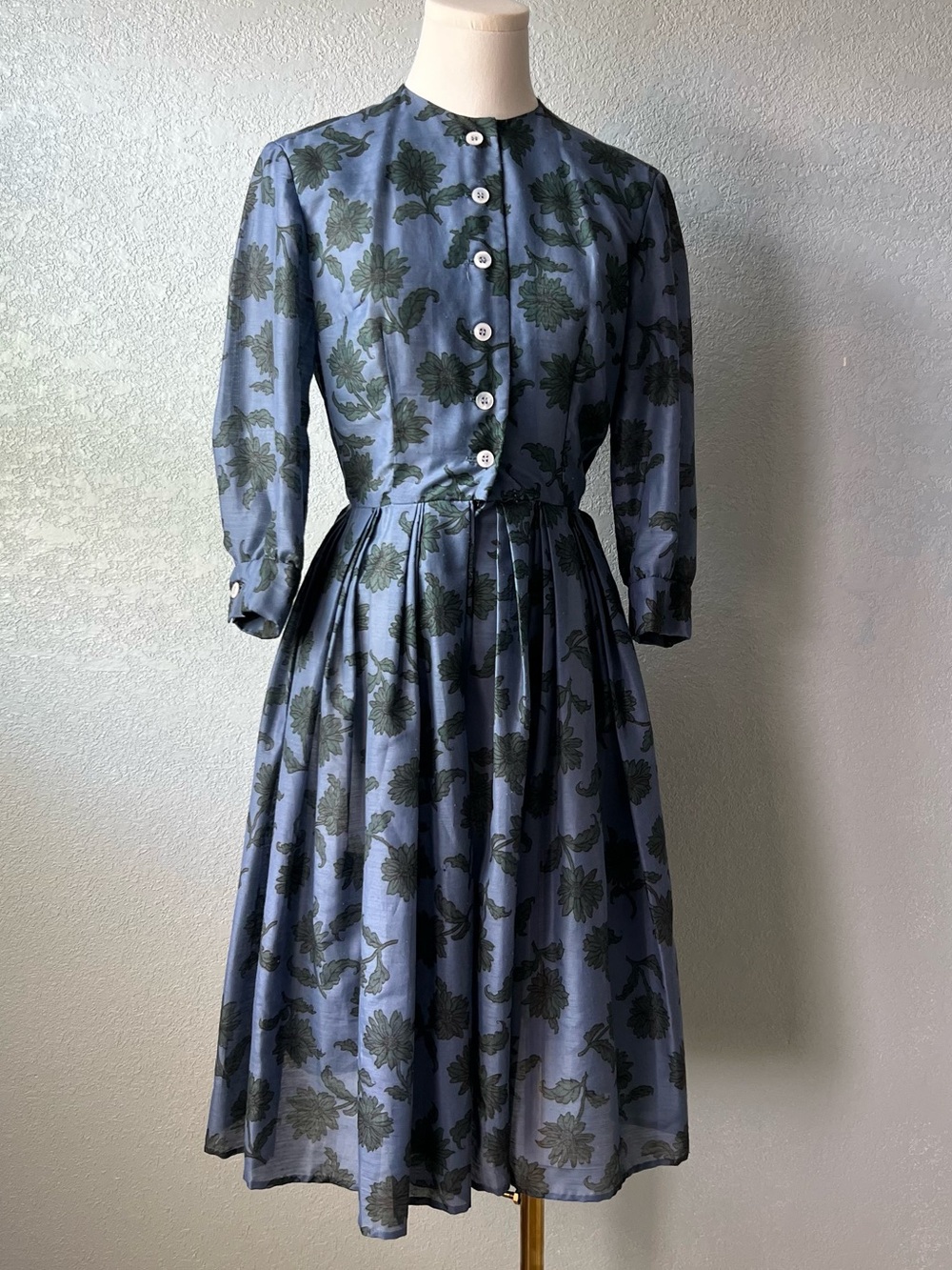 Vintage 80s Junior Blue Floral Midi Dress Pleated Cottagecore Prairie Style